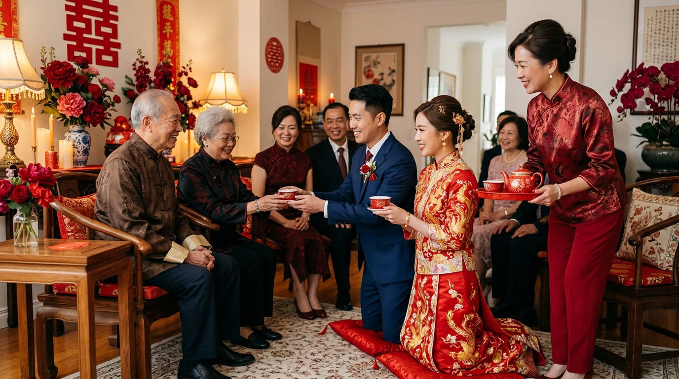 一位穿着剪裁利落、现代新中式服饰的摩登大妗姐,正在婚礼现场从容引导或微笑互动的全景实拍